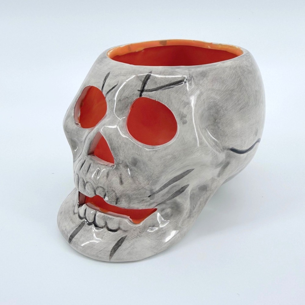 Halloween Skull Candle Holder Ceramic Luminary Orange Gothic Horror Decor 4.5"